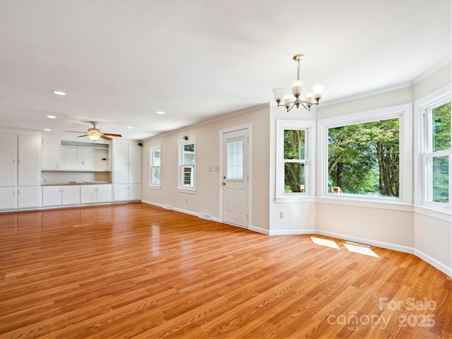 5632 Zion Church Rd, Concord, NC 28025 - unfurnished living room with a chandelier, light wood finished floors, ornamental molding, recessed lighting, and a ceiling fan