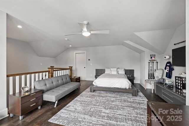 622 Mattie Rose Ln, Charlotte, NC 28204 - bedroom featuring lofted ceiling, dark wood-style flooring, and a ceiling fan