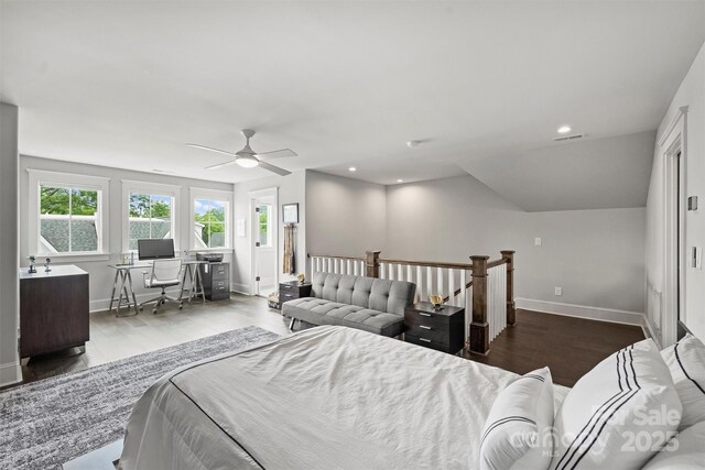 622 Mattie Rose Ln, Charlotte, NC 28204 - bedroom with an office area, wood finished floors, recessed lighting, and ceiling fan