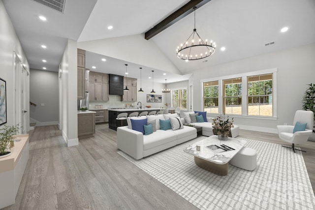 5507 NC-218 Hwy, Peachland, NC 28133 - living area featuring a chandelier, light wood-style flooring, beamed ceiling, recessed lighting, and high vaulted ceiling