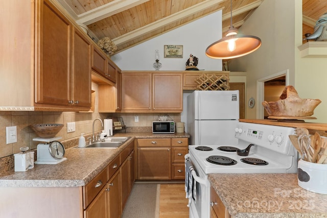 80 Laurel Canyon Rd, Franklin, NC 28734 - kitchen featuring white appliances, wood ceiling, backsplash, brown cabinetry, and light wood finished floors