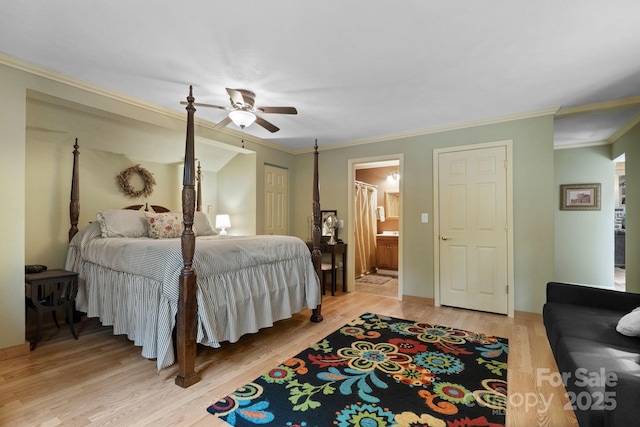 80 Laurel Canyon Rd, Franklin, NC 28734 - bedroom with light wood-type flooring, ornamental molding, ensuite bathroom, and a ceiling fan