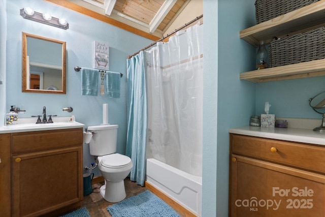 80 Laurel Canyon Rd, Franklin, NC 28734 - full bathroom featuring vanity, shower / bath combo with shower curtain, and wooden ceiling