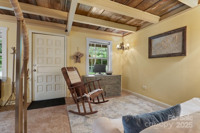 80 Laurel Canyon Rd, Franklin, NC 28734 - sitting room with a wood ceiling with exposed beams and a chandelier