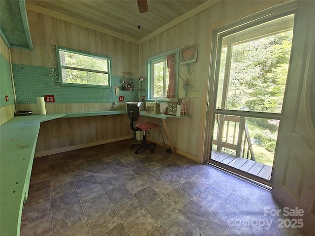 80 Laurel Canyon Rd, Franklin, NC 28734 - office with ceiling fan, wood walls, and stone finish flooring