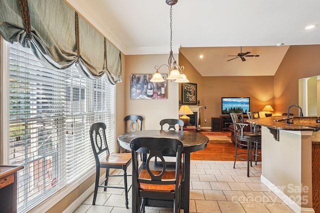 7612 Maple Bluff Ln, Concord, NC 28025 - dining area featuring ceiling fan, light tile patterned floors, recessed lighting, and ornamental molding