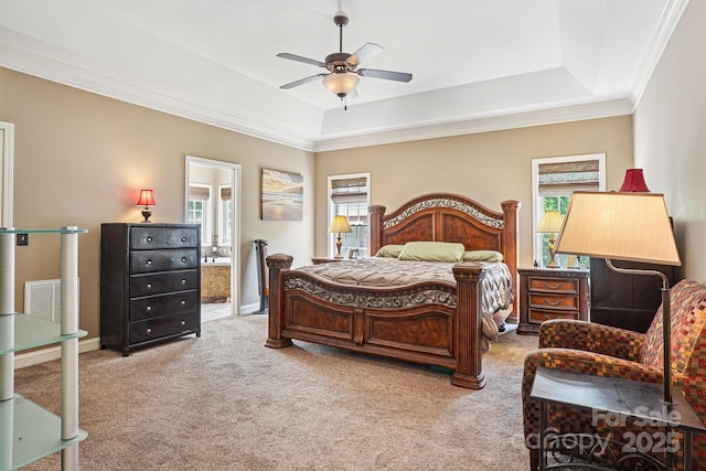 7612 Maple Bluff Ln, Concord, NC 28025 - bedroom featuring carpet floors, a raised ceiling, crown molding, ensuite bathroom, and ceiling fan