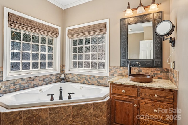7612 Maple Bluff Ln, Concord, NC 28025 - bathroom with ornamental molding, a whirlpool tub, and vanity