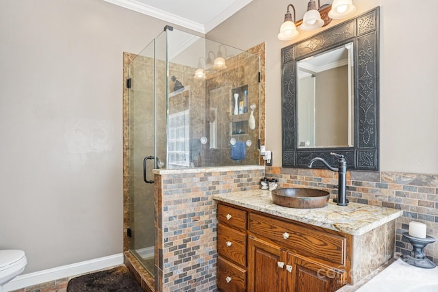 7612 Maple Bluff Ln, Concord, NC 28025 - full bath with vanity, ornamental molding, a stall shower, and decorative backsplash