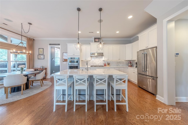 5256 Meadowcroft Way, Fort Mill, SC 29708 - kitchen with appliances with stainless steel finishes, under cabinet range hood, white cabinetry, ornamental molding, and recessed lighting