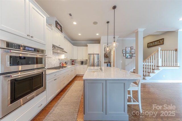 5256 Meadowcroft Way, Fort Mill, SC 29708 - kitchen with stainless steel appliances, wood finished floors, decorative backsplash, under cabinet range hood, and white cabinets