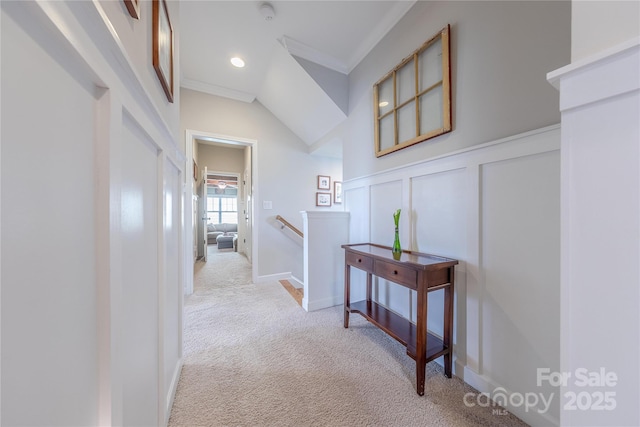 5256 Meadowcroft Way, Fort Mill, SC 29708 - corridor with an upstairs landing, carpet, crown molding, a wainscoted wall, and a decorative wall