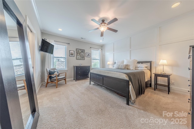 5256 Meadowcroft Way, Fort Mill, SC 29708 - bedroom featuring crown molding, light colored carpet, a decorative wall, recessed lighting, and a ceiling fan