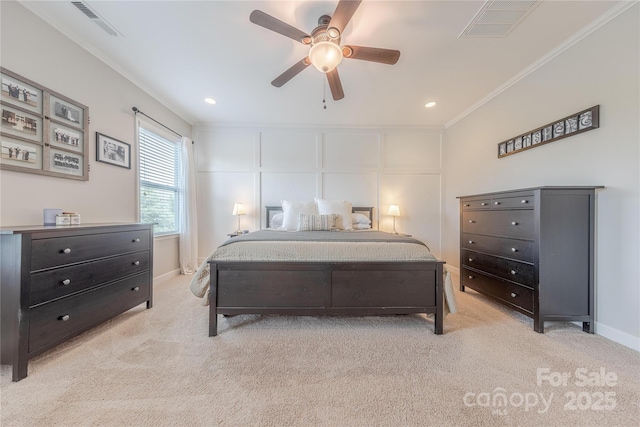 5256 Meadowcroft Way, Fort Mill, SC 29708 - bedroom featuring light colored carpet, crown molding, ceiling fan, and recessed lighting