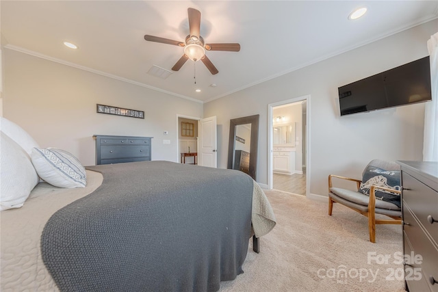 5256 Meadowcroft Way, Fort Mill, SC 29708 - carpeted bedroom with ornamental molding, recessed lighting, ceiling fan, and ensuite bath