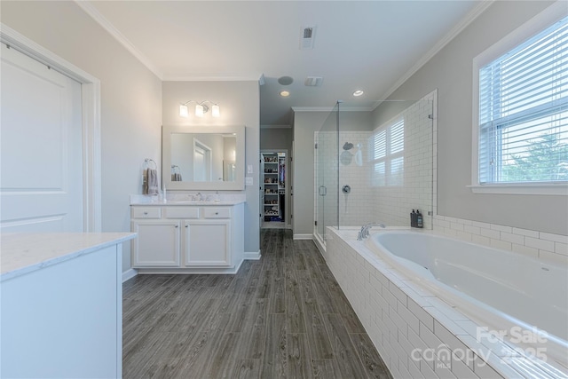 5256 Meadowcroft Way, Fort Mill, SC 29708 - full bath with vanity, ornamental molding, a shower stall, a garden tub, and a spacious closet