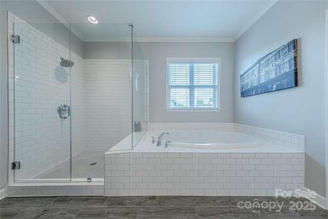 5256 Meadowcroft Way, Fort Mill, SC 29708 - bathroom with a bath, a shower stall, and crown molding