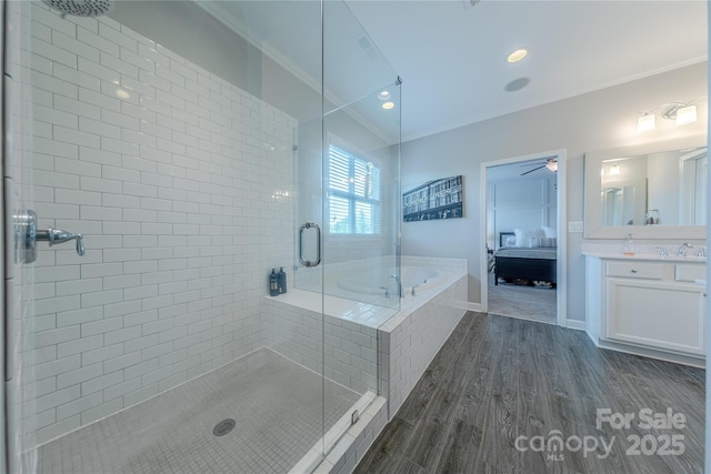 5256 Meadowcroft Way, Fort Mill, SC 29708 - ensuite bathroom featuring crown molding, a shower stall, a garden tub, wood finished floors, and vanity