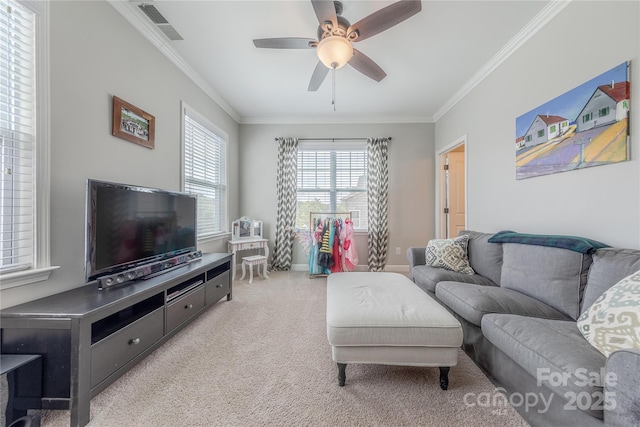 5256 Meadowcroft Way, Fort Mill, SC 29708 - living area with light carpet, crown molding, and ceiling fan