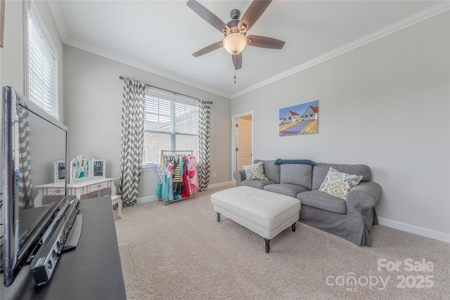 5256 Meadowcroft Way, Fort Mill, SC 29708 - carpeted living area with ornamental molding and a ceiling fan