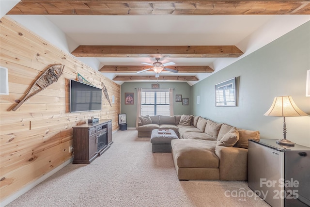5256 Meadowcroft Way, Fort Mill, SC 29708 - living room featuring light carpet, a ceiling fan, wood walls, and beamed ceiling