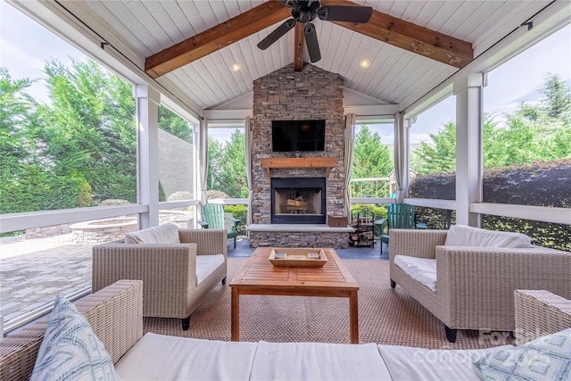 5256 Meadowcroft Way, Fort Mill, SC 29708 - view of patio / terrace with an outdoor living space with a fireplace and a ceiling fan