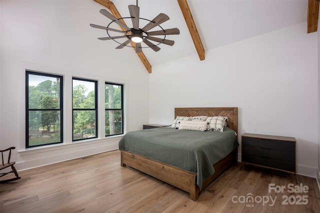 176 Windwood Ln, Troutman, NC 28166 - bedroom featuring beamed ceiling, wood finished floors, high vaulted ceiling, and ceiling fan