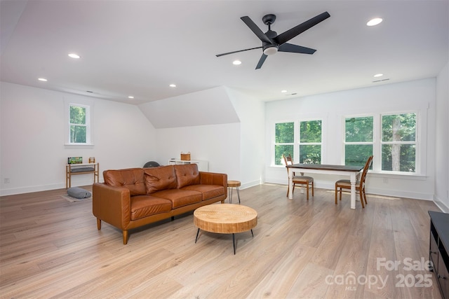 176 Windwood Ln, Troutman, NC 28166 - living room with light wood finished floors, recessed lighting, ceiling fan, and lofted ceiling