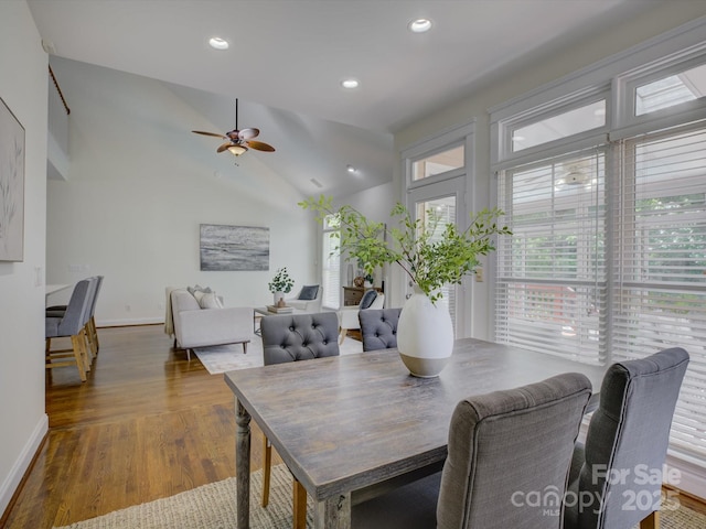 8508 Sandowne Ln, Huntersville, NC 28078 - dining area featuring wood finished floors, vaulted ceiling, ceiling fan, and recessed lighting