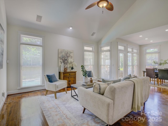 8508 Sandowne Ln, Huntersville, NC 28078 - living area featuring wood finished floors, ceiling fan, and lofted ceiling