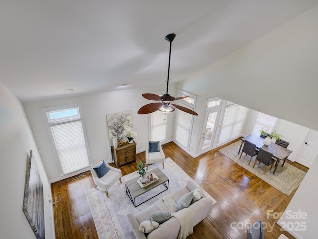 8508 Sandowne Ln, Huntersville, NC 28078 - living room featuring wood finished floors, lofted ceiling, and ceiling fan