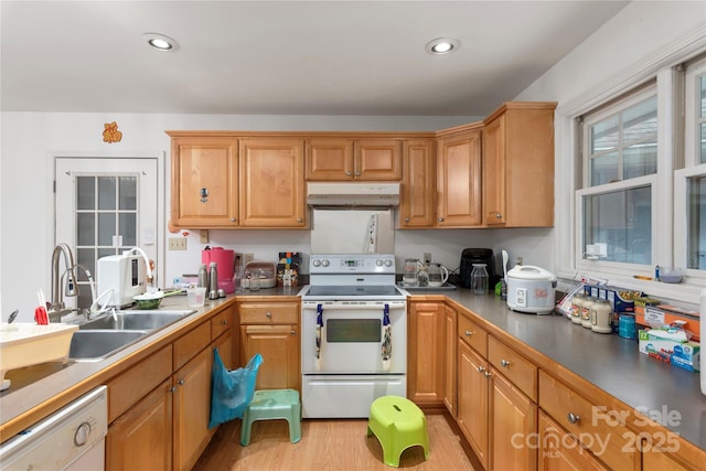98 Choga Rdg, Whittier, NC 28789 - kitchen featuring white appliances, under cabinet range hood, light wood-style floors, and recessed lighting