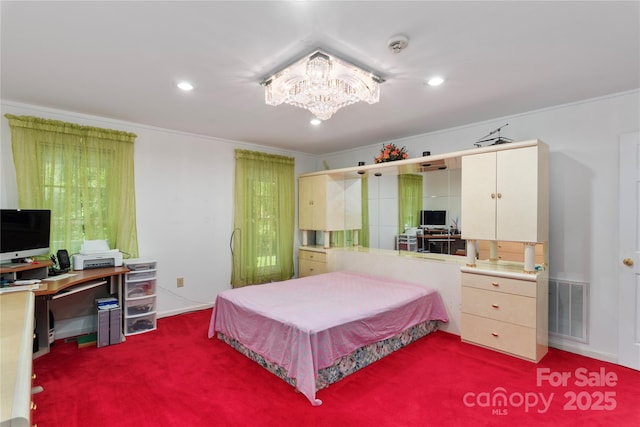 98 Choga Rdg, Whittier, NC 28789 - bedroom with an office area, carpet, a chandelier, ornamental molding, and recessed lighting