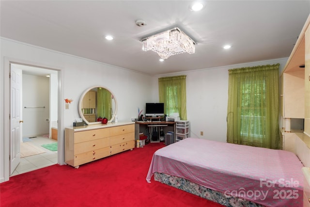 98 Choga Rdg, Whittier, NC 28789 - bedroom featuring a chandelier, recessed lighting, ornamental molding, and light carpet