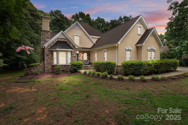 165 Futrell Lndg, New London, NC 28127 - traditional home featuring stucco siding, stone siding, a chimney, a lawn, and roof with shingles