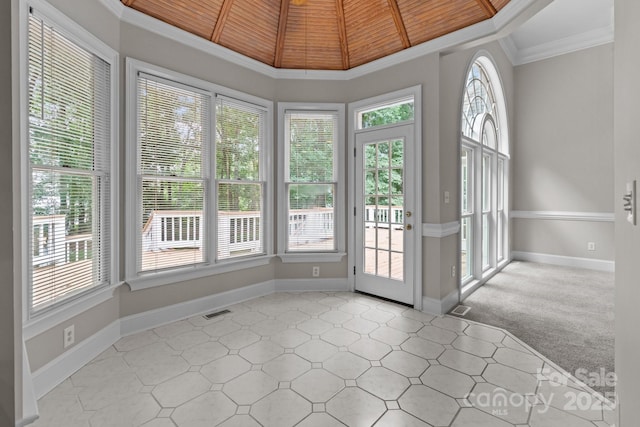 165 Futrell Lndg, New London, NC 28127 - unfurnished sunroom with wooden ceiling, tile patterned floors, lofted ceiling, and ornamental molding