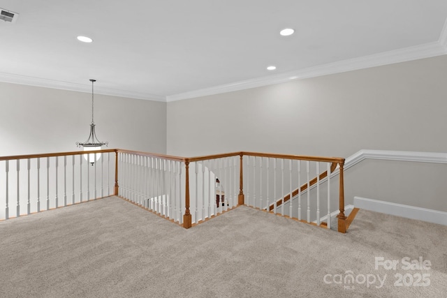 165 Futrell Lndg, New London, NC 28127 - hallway featuring carpet flooring, an upstairs landing, crown molding, and recessed lighting