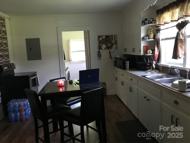 448 Belk St, Lancaster, SC 29720 - kitchen featuring electric panel, dark wood-type flooring, white cabinetry, light countertops, and electric stove