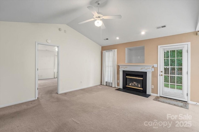 3114 Pine Pointe St, Matthews, NC 28104 - unfurnished living room with vaulted ceiling, ceiling fan, carpet, a fireplace with flush hearth, and recessed lighting