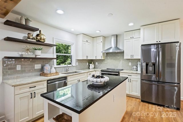 6150 Rocky Falls Rd, Charlotte, NC 28211 - kitchen featuring stainless steel appliances, open shelves, wall chimney exhaust hood, white cabinets, and light wood-style flooring
