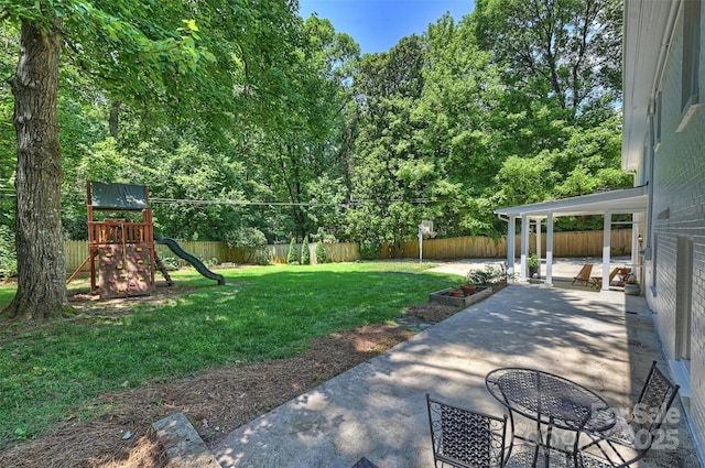 6150 Rocky Falls Rd, Charlotte, NC 28211 - fenced backyard featuring a patio area and a playground