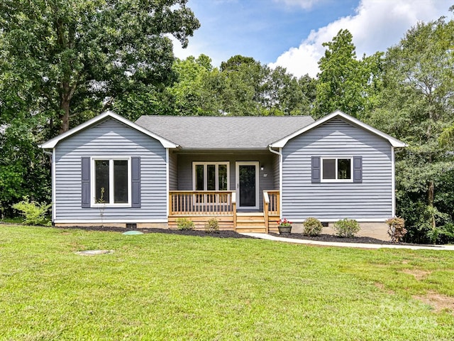 1117 Hidden Brook Ln, Clover, SC 29710 - ranch-style home featuring crawl space, a front lawn, a porch, and view of scattered trees