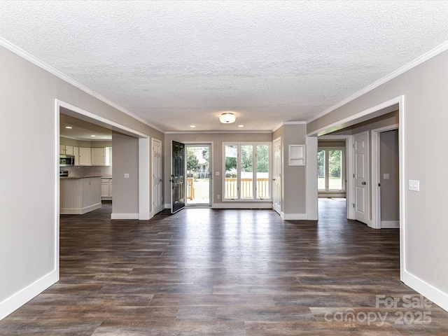 1117 Hidden Brook Ln, Clover, SC 29710 - unfurnished living room with ornamental molding, dark wood finished floors, and a textured ceiling