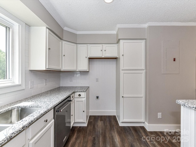 1117 Hidden Brook Ln, Clover, SC 29710 - kitchen with dishwasher, electric panel, dark wood-style floors, a textured ceiling, and white cabinets