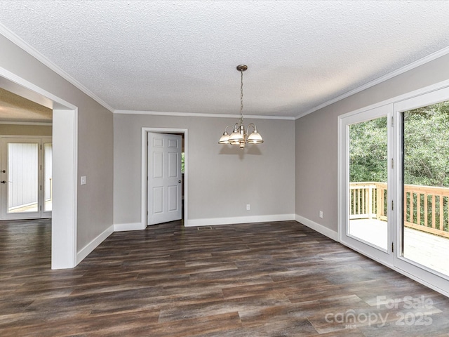 1117 Hidden Brook Ln, Clover, SC 29710 - spare room with a chandelier, dark wood-style flooring, a textured ceiling, and ornamental molding