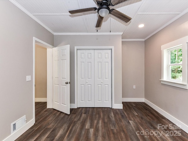 1117 Hidden Brook Ln, Clover, SC 29710 - unfurnished bedroom with dark wood-type flooring, a closet, recessed lighting, ornamental molding, and ceiling fan