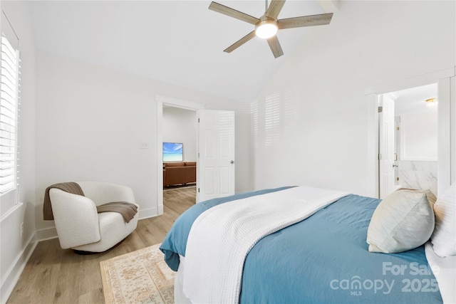 8438 Henry Harris Rd, Fort Mill, SC 29707 - bedroom featuring light wood-type flooring, high vaulted ceiling, a ceiling fan, and ensuite bathroom