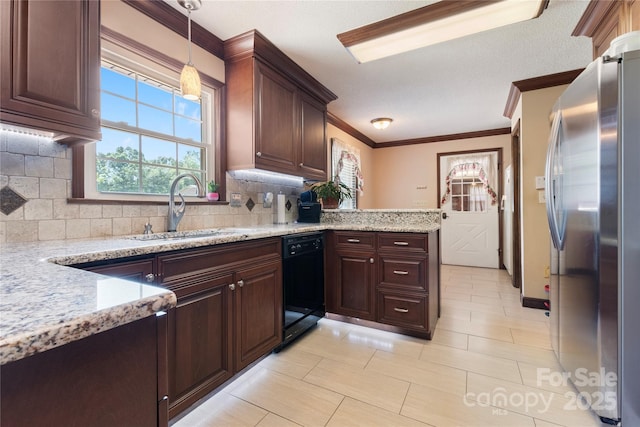 5563 Grace Chapel Rd, Hickory, NC 28601 - kitchen featuring freestanding refrigerator, dishwasher, crown molding, backsplash, and light tile patterned floors
