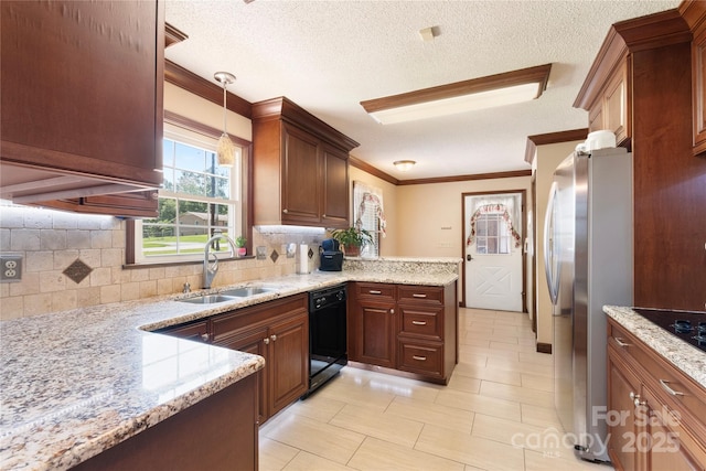 5563 Grace Chapel Rd, Hickory, NC 28601 - kitchen with black dishwasher, decorative backsplash, ornamental molding, freestanding refrigerator, and a peninsula