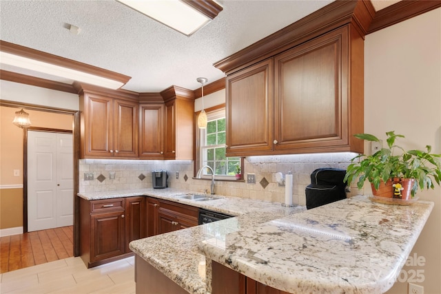 5563 Grace Chapel Rd, Hickory, NC 28601 - kitchen featuring backsplash, decorative light fixtures, brown cabinets, ornamental molding, and a textured ceiling